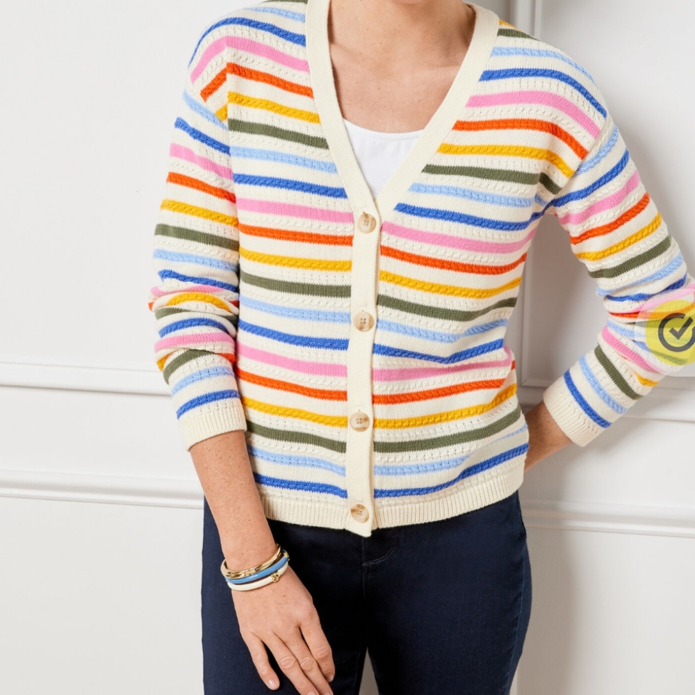 Women's Rainbow Striped Talbots Cotton Knit Cardigan Colorful Size XLP